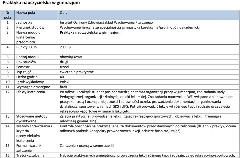 Typ zajęć ćwiczenia praktyczne 9 Liczba godzin 40 10 Język wykładowy Polski 11 Wymagania wstępne brak 12 Efekty kształcenia Po odbyciu praktyk student posiada wiedzę na temat organizacji pracy w