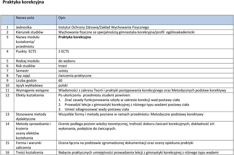 Liczba godzin 60 10 Język wykładowy polski 11 Wymagania wstępne Wiadomości z zakresu Teorii i praktyki postępowania korekcyjnego oraz Metodycznych podstaw korektywy 12 Efekty kształcenia Po
