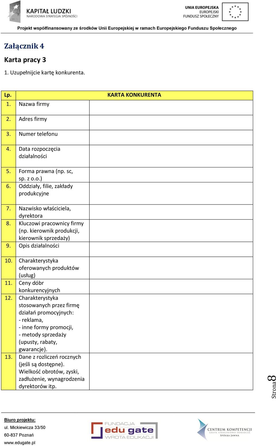 kierownik produkcji, kierownik sprzedaży) 9. Opis działalności 10. Charakterystyka oferowanych produktów (usług) 11. Ceny dóbr konkurencyjnych 12.