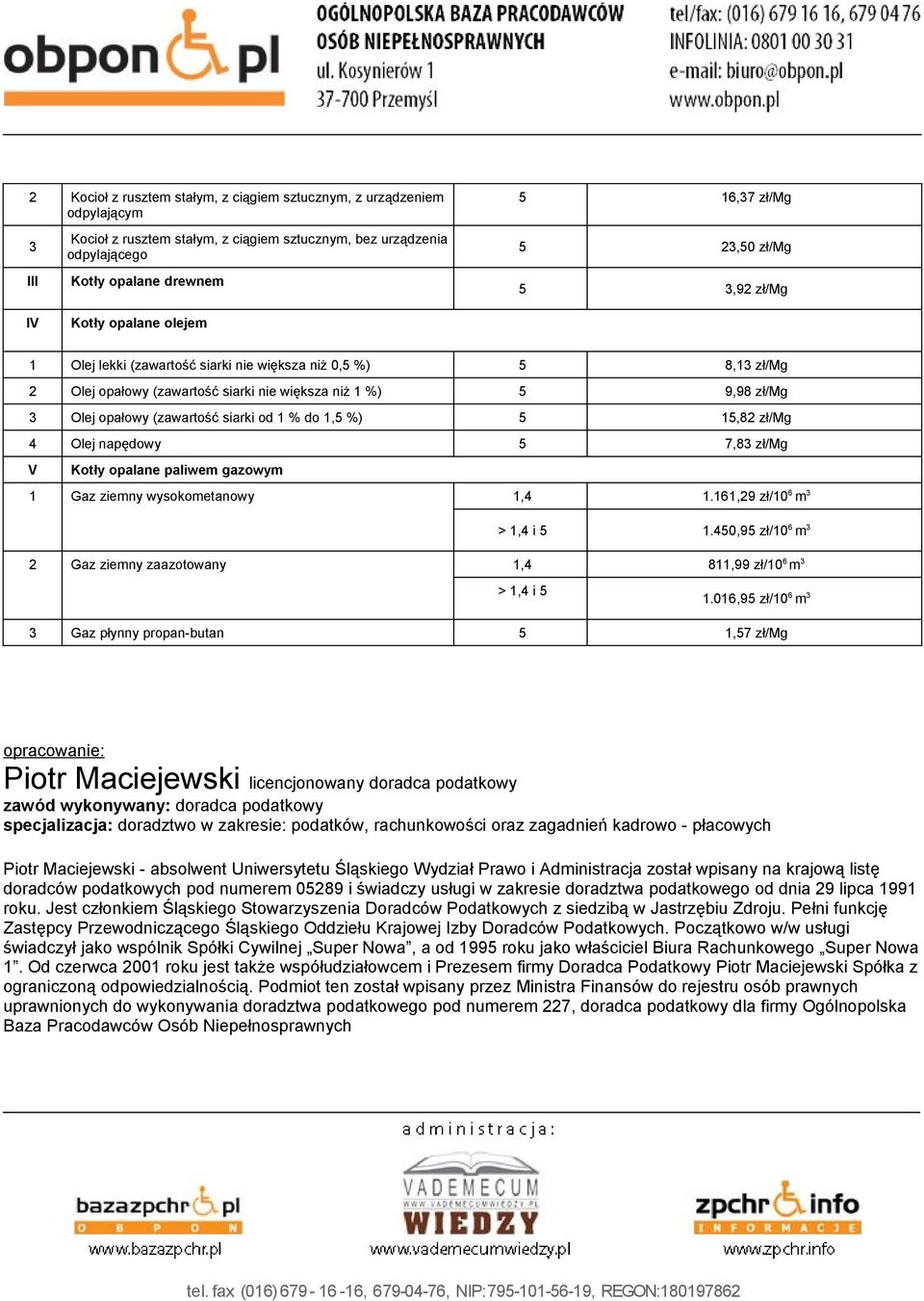 (zawartość siarki od 1 % do 1,5 %) 5 15,82 zł/mg 4 Olej napędowy 5 7,83 zł/mg V Kotły opalane paliwem gazowym 1 Gaz ziemny wysokometanowy 1,4 1.161,29 zł/10 6 m 3 > 1,4 i 5 1.