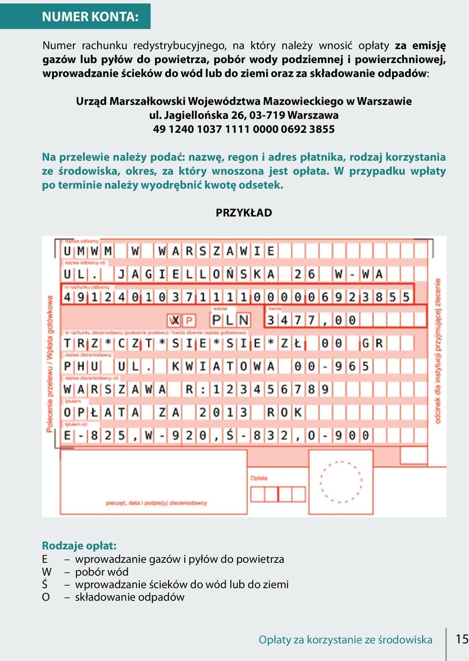 Jagiellońska 26, 03-719 Warszawa 49 1240 1037 1111 0000 0692 3855 Na przelewie należy podać: nazwę, regon i adres płatnika, rodzaj korzystania ze środowiska, okres, za który wnoszona