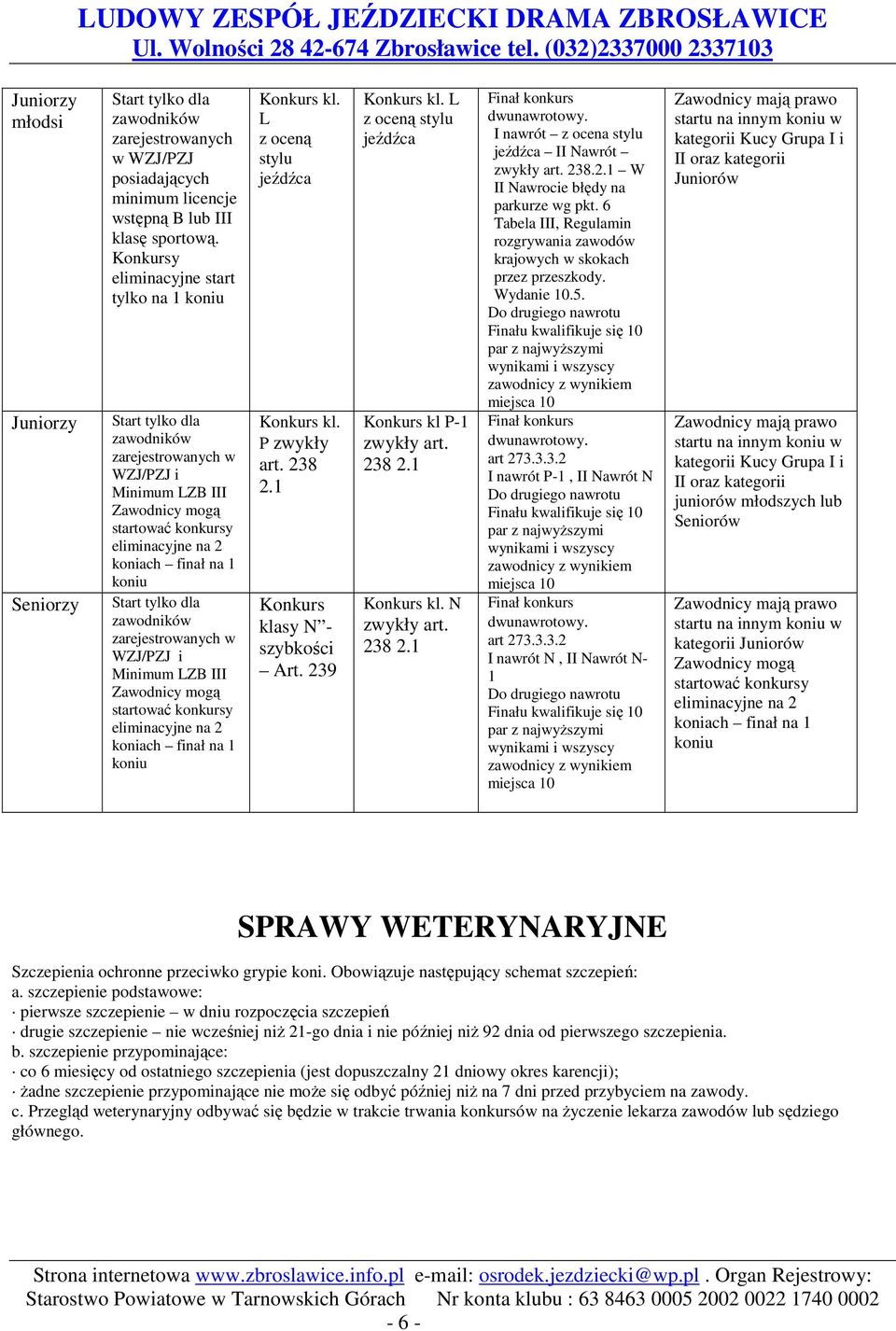 zarejestrowanych w WZJ/PZJ i Minimum LZ III startować konkursy eliminacyjne na 2 koniach finał na 1 koniu kl. L z oceną stylu jeźdźca kl. P zwykły art. 238 2.1 klasy N - szybkości rt. 239 kl.