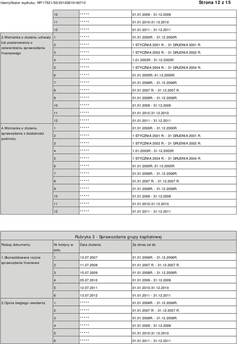 - 31 GRUDNIA 2002 R. 4 ***** 1.01.2003R - 31.12.2003R 5 ***** 1 STYCZNIA 2004 R. - 31 GRUDNIA 2004 R. 6 ***** 01.01.2005R.-31.12.2005R. 7 ***** 01.01.2006R. - 31.12.2006R. 8 ***** 01.01.2007 R.