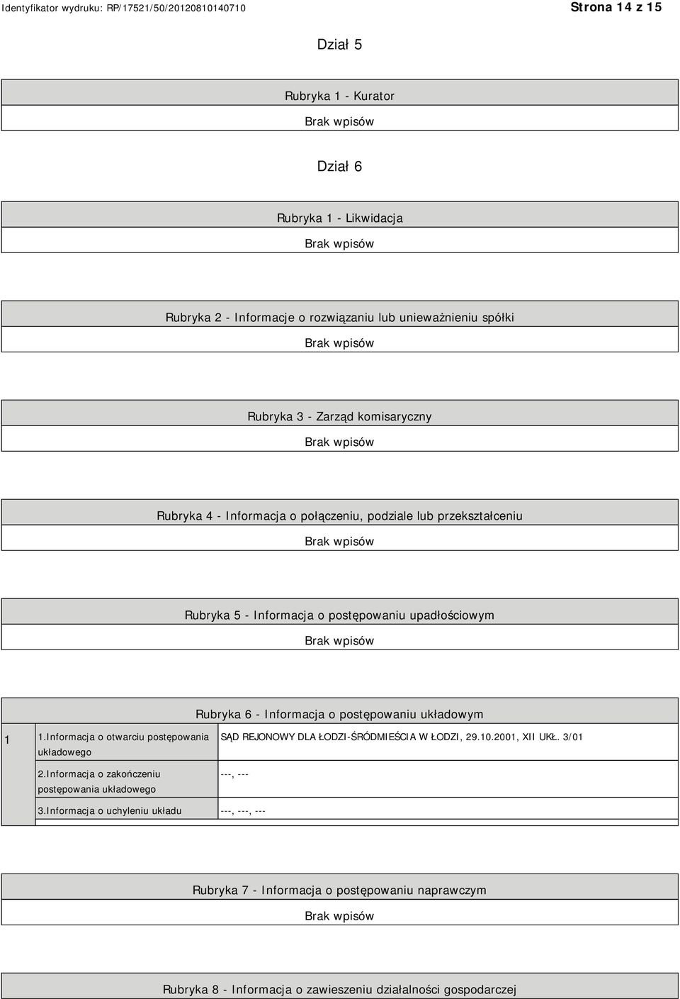 1.Informacja o otwarciu postępowania układowego 2.Informacja o zakończeniu postępowania układowego SĄD REJONOWY DLA ŁODZI-ŚRÓDMIEŚCIA W ŁODZI, 29.10.2001, XII UKŁ.