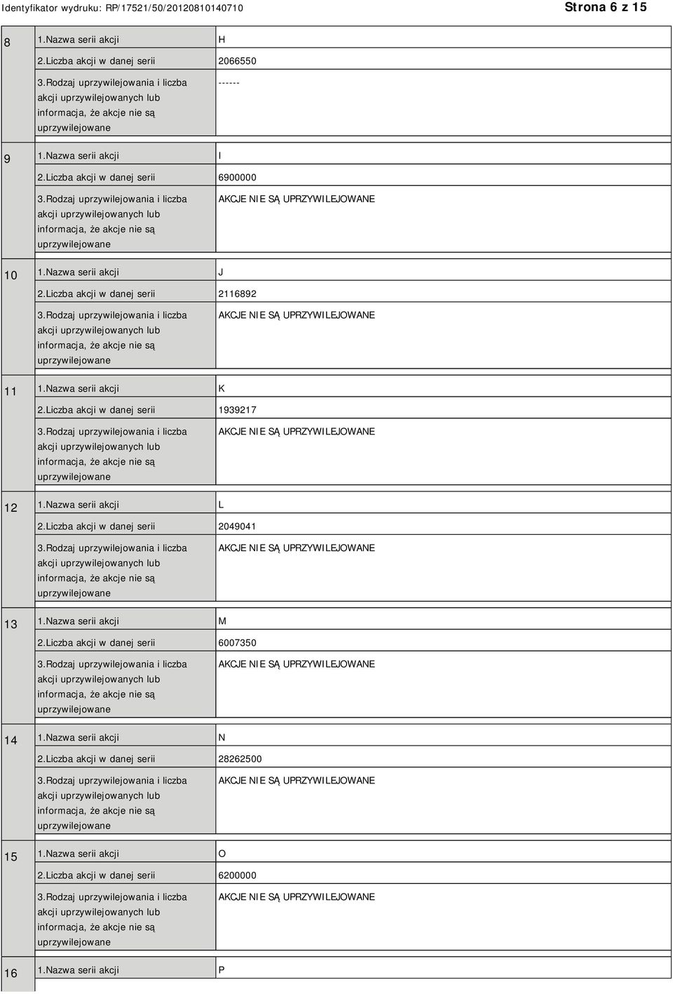 Liczba akcji w danej serii 1939217 12 1.Nazwa serii akcji L 2.Liczba akcji w danej serii 2049041 13 1.Nazwa serii akcji M 2.
