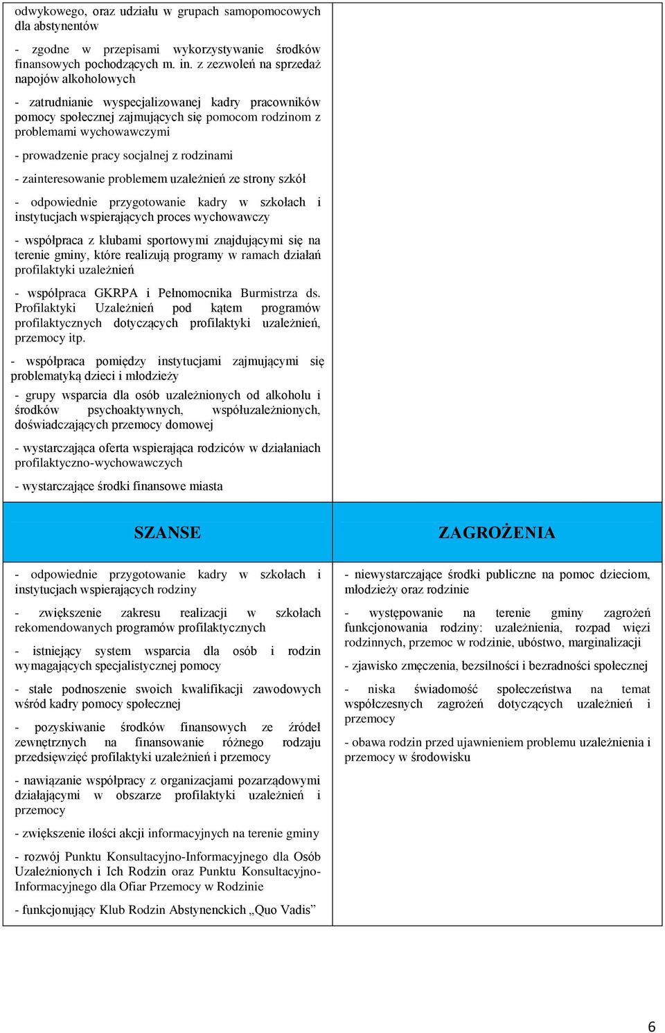 socjalnej z rodzinami - zainteresowanie problemem uzależnień ze strony szkół - odpowiednie przygotowanie kadry w szkołach i instytucjach wspierających proces wychowawczy - współpraca z klubami