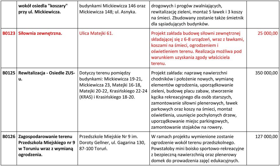 Projekt zakłada budowę siłowni zewnętrznej składającej się z 6-8 urządzeń, wraz z ławkami, koszami na śmieci, ogrodzeniem i oświetleniem terenu.