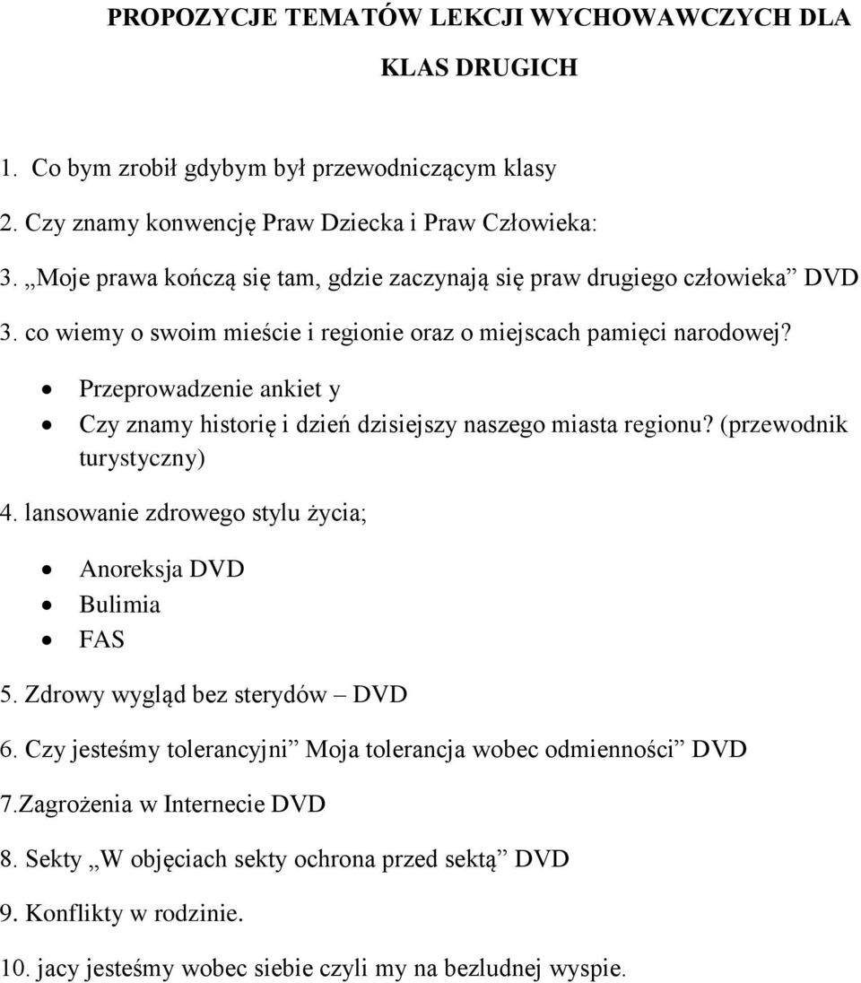 Przeprowadzenie ankiet y Czy znamy historię i dzień dzisiejszy naszego miasta regionu? (przewodnik turystyczny) 4. lansowanie zdrowego stylu życia; Anoreksja DVD Bulimia FAS 5.