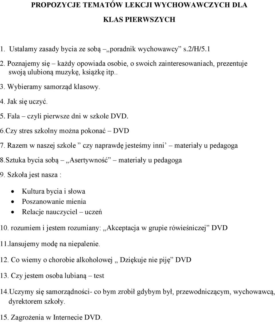 Sztuka bycia sobą Asertywność materiały u pedagoga 9. Szkoła jest nasza : Kultura bycia i słowa Poszanowanie mienia Relacje nauczyciel uczeń 10.