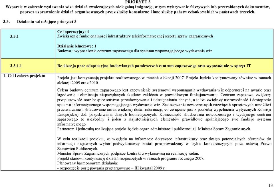 3. Działania wdrażające priorytet 3 3.3.1 Cel operacyjny: 4 Zwiększenie funkcjonalności infrastruktury teleinformatycznej resortu spraw zagranicznych Działanie kluczowe: 1 Budowa i wyposażenie
