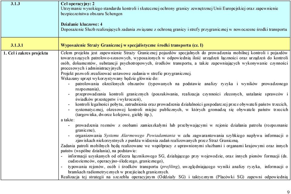 I) 1. Cel i zakres projektu Celem projektu jest zapewnienie Straży Granicznej pojazdów specjalnych do prowadzenia mobilnej kontroli i pojazdów towarzyszących patrolowo-szosowych, wyposażonych w