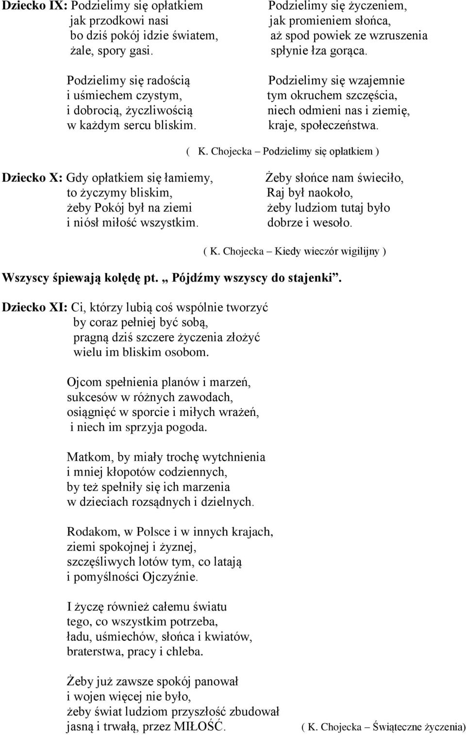 ( K. Chojecka Podzielimy się opłatkiem ) Dziecko X: Gdy opłatkiem się łamiemy, to życzymy bliskim, żeby Pokój był na ziemi i niósł miłość wszystkim.