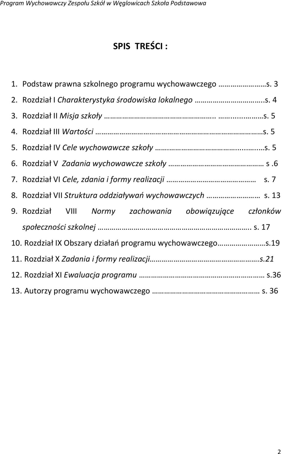 Rozdział VI Cele, zdania i formy realizacji s. 7 8. Rozdział VII Struktura oddziaływań wychowawczych s. 13 9.