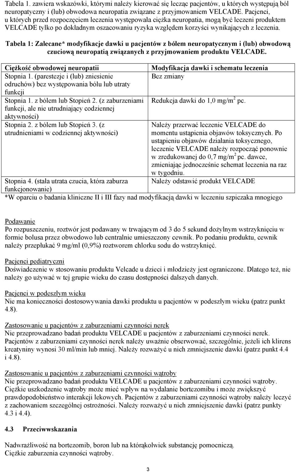Tabela 1: Zalecane* modyfikacje dawki u pacjentów z bólem neuropatycznym i (lub) obwodową czuciową neuropatią związanych z przyjmowaniem produktu VELCADE. Ciężkość obwodowej neuropatii Stopnia 1.