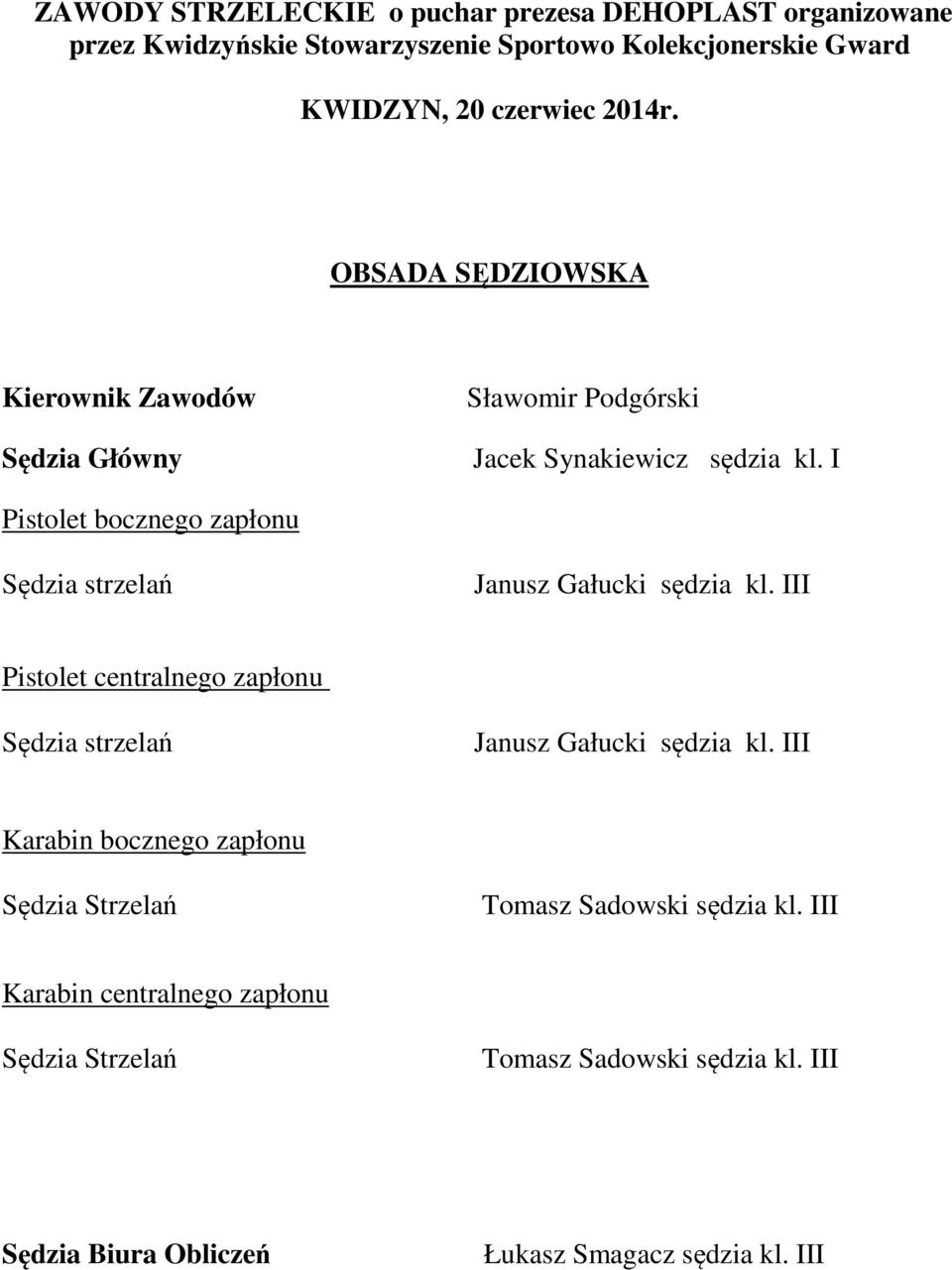 III Pistolet centralnego zapłonu Sędzia strzelań Janusz Gałucki sędzia kl.