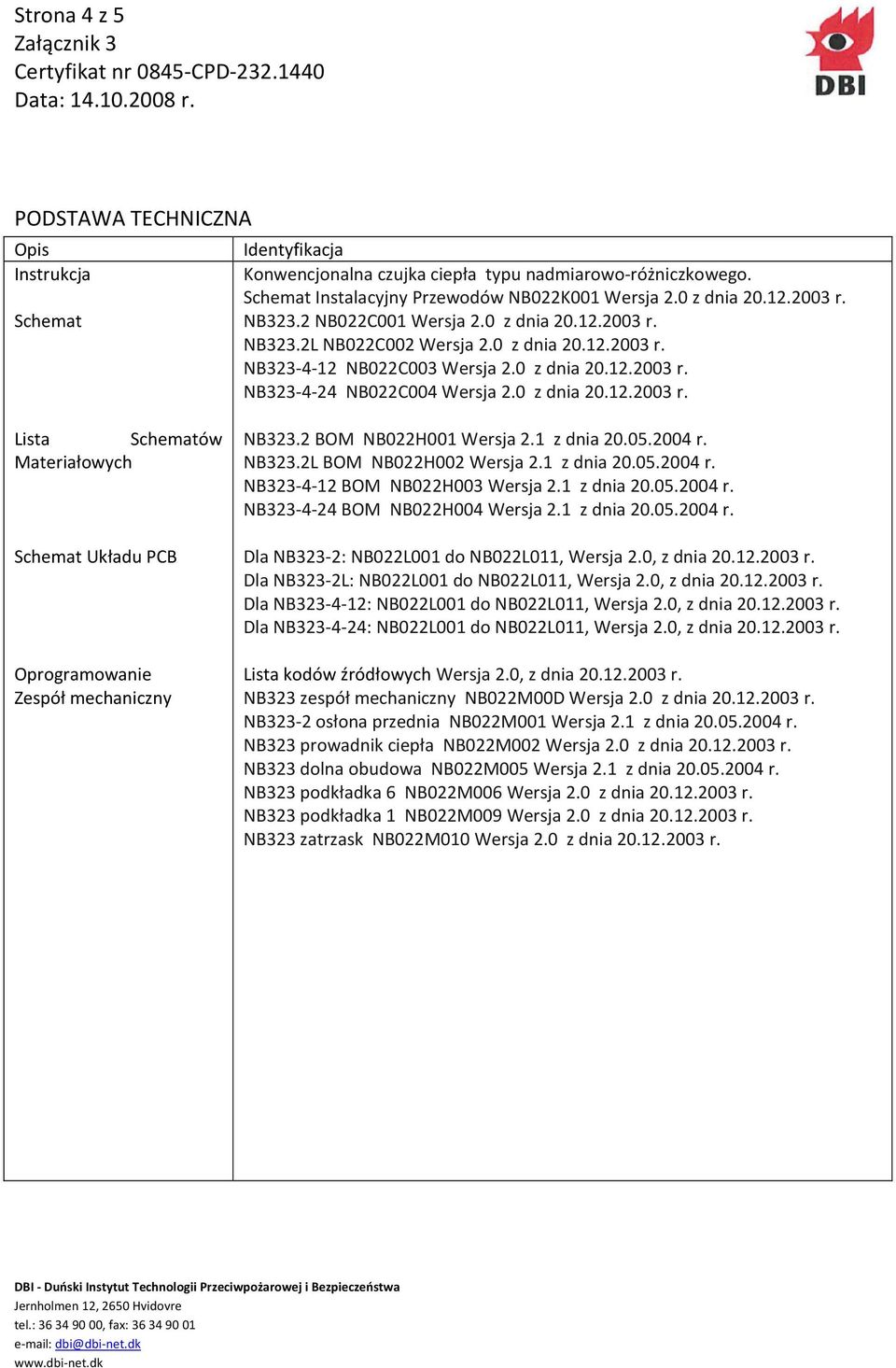 0 z dnia 20.12.2003 r. Lista Schematów Materiałowych Schemat Układu PCB Oprogramowanie Zespół mechaniczny NB323.2 BOM NB022H001 Wersja 2.1 z dnia 20.05.2004 r. NB323.2L BOM NB022H002 Wersja 2.