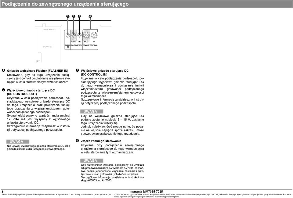 Wyjściowe gniazdo sterujące DC (DC CONTROL OUT) Używane w celu podłączenia podzespołu posiadającego wejściowe gniazdo sterujące DC do tego urządzenia oraz powiązania funkcji tego urządzenia z