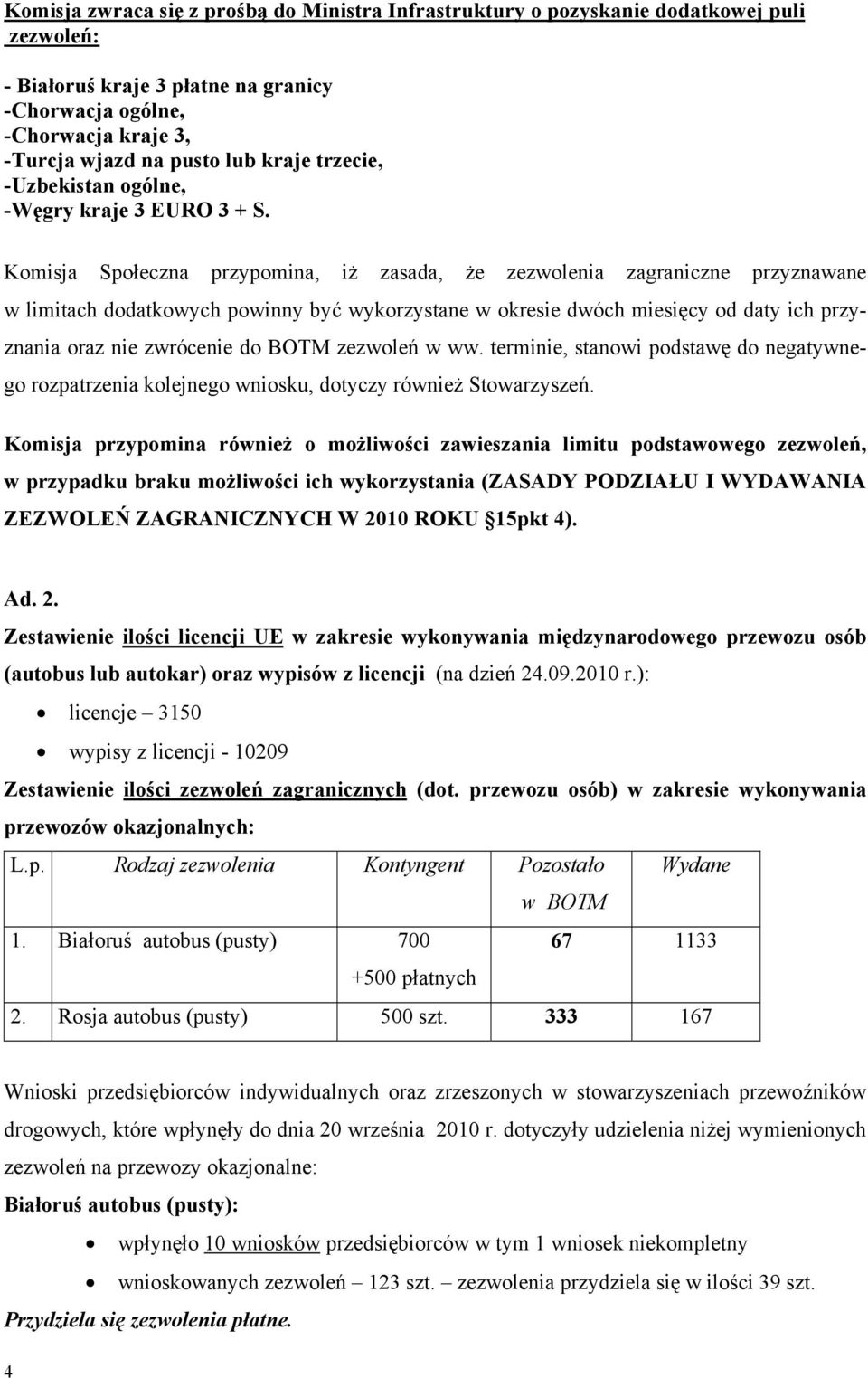 Komisja Społeczna przypomina, iż zasada, że zezwolenia zagraniczne przyznawane w limitach dodatkowych powinny być wykorzystane w okresie dwóch miesięcy od daty ich przyznania oraz nie zwrócenie do