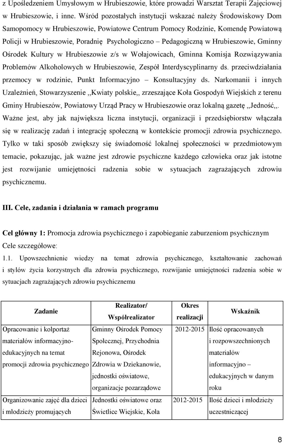 Pedagogiczną w Hrubieszowie, Gminny Ośrodek Kultury w Hrubieszowie z/s w Wołajowicach, Gminna Komisja Rozwiązywania Problemów Alkoholowych w Hrubieszowie, Zespół Interdyscyplinarny ds.
