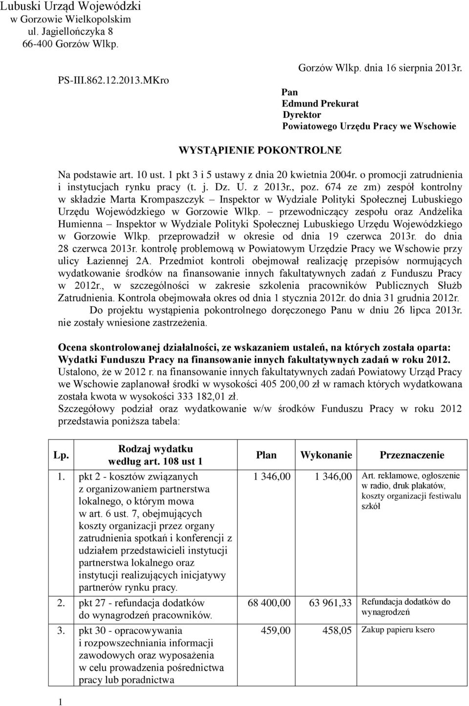 o promocji zatrudnienia i instytucjach rynku pracy (t. j. Dz. U. z 2013r., poz.
