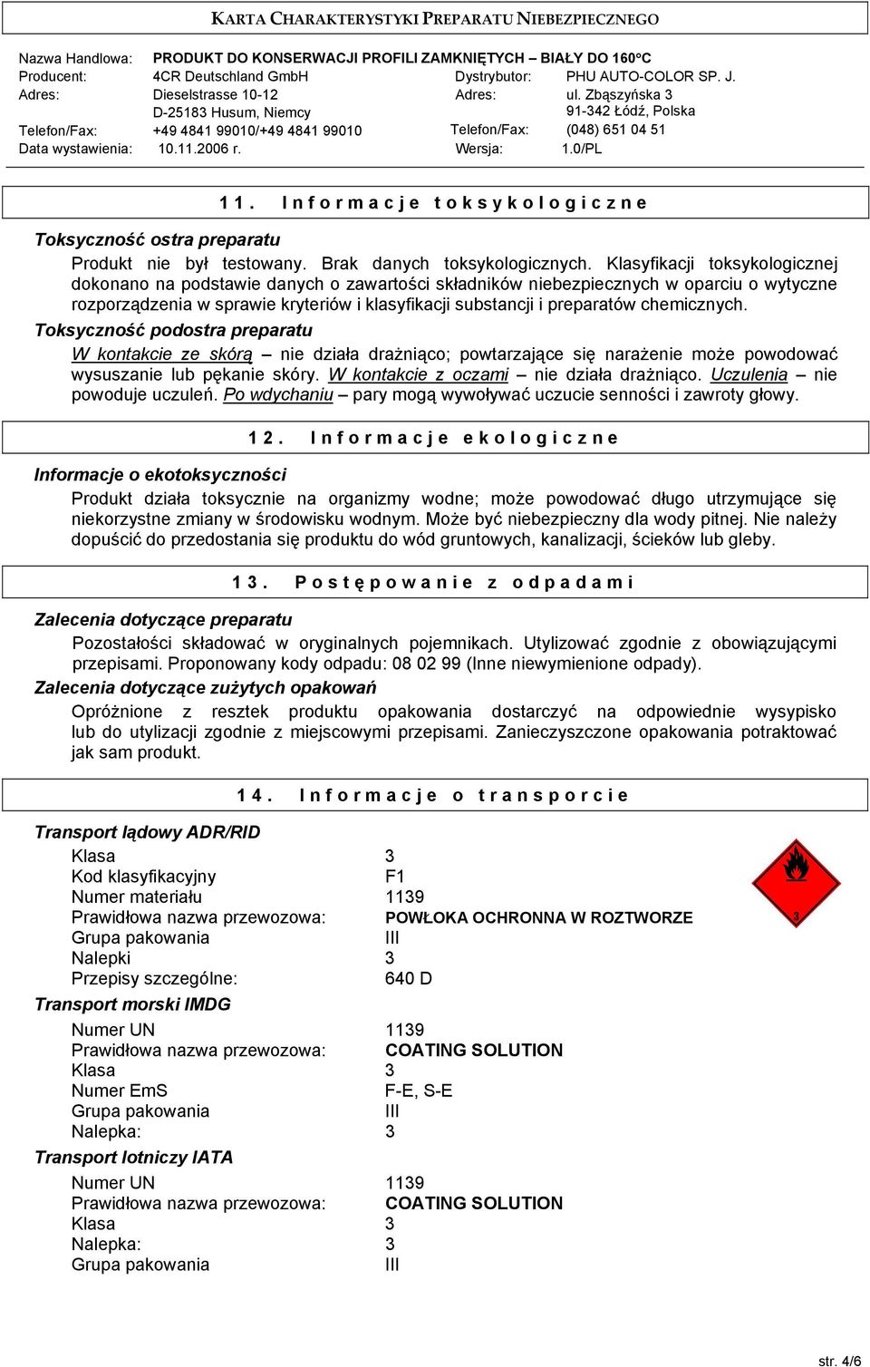 chemicznych. Toksyczność podostra preparatu W kontakcie ze skórą nie działa drażniąco; powtarzające się narażenie może powodować wysuszanie lub pękanie skóry.