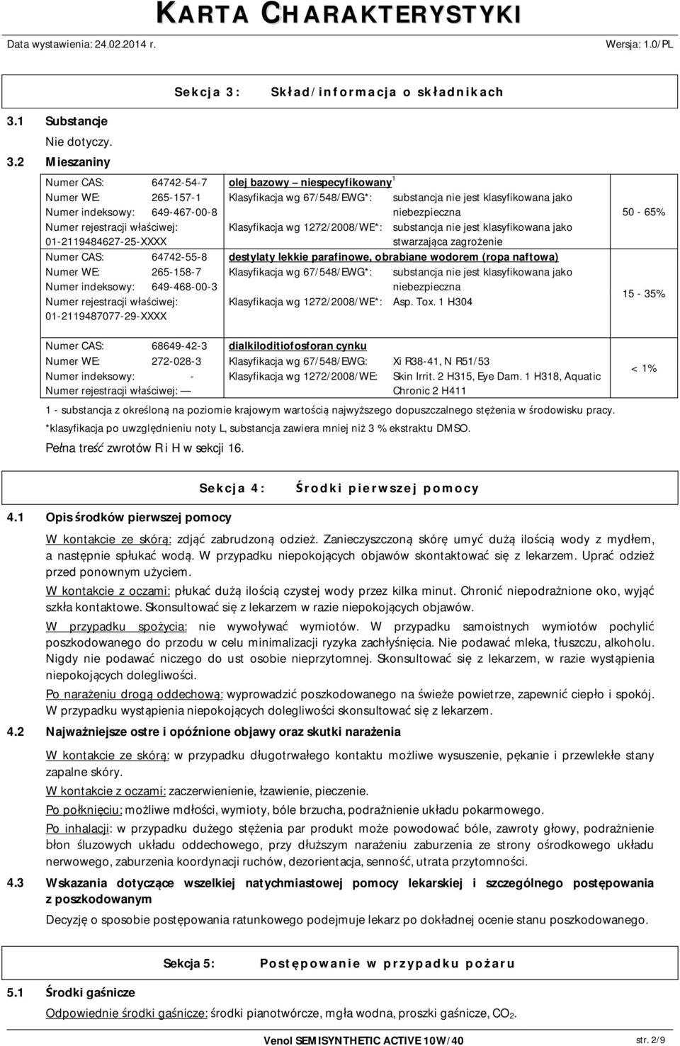 Numer rejestracji w ciwej: Klasyfikacja wg 1272/2008/WE*: substancja nie jest klasyfikowana jako 01-2119484627-25-XXXX stwarzaj ca zagro enie Numer CAS: 64742-55-8 destylaty lekkie parafinowe,