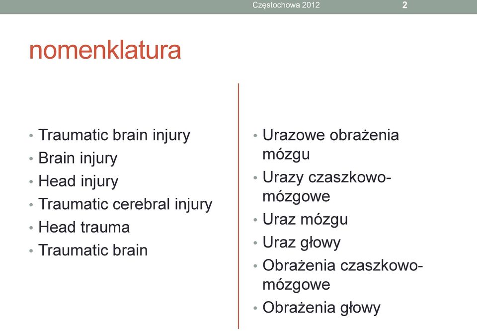Traumatic brain Urazowe obrażenia mózgu Urazy