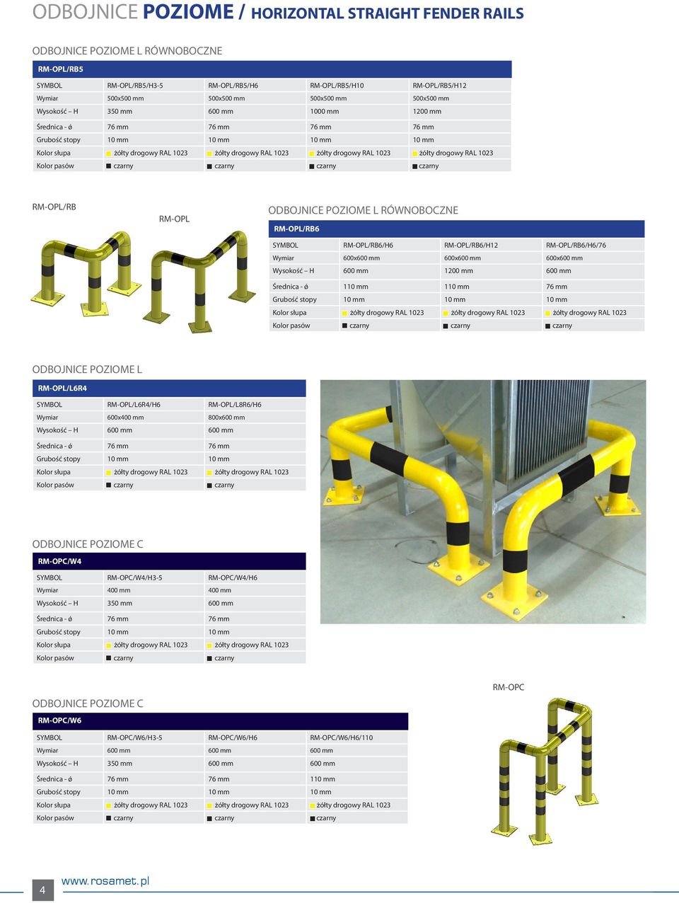 RM-OPL/RB6/H6 RM-OPL/RB6/H12 RM-OPL/RB6/H6/76 Wymiar 600x600 mm 600x600 mm 600x600 mm Wysokość H 600 mm 1200 mm 600 mm Średnica - ǿ 110 mm 110 mm 76 mm ODBOJNICE POZIOME L RM-OPL/L6R4 SYMBOL