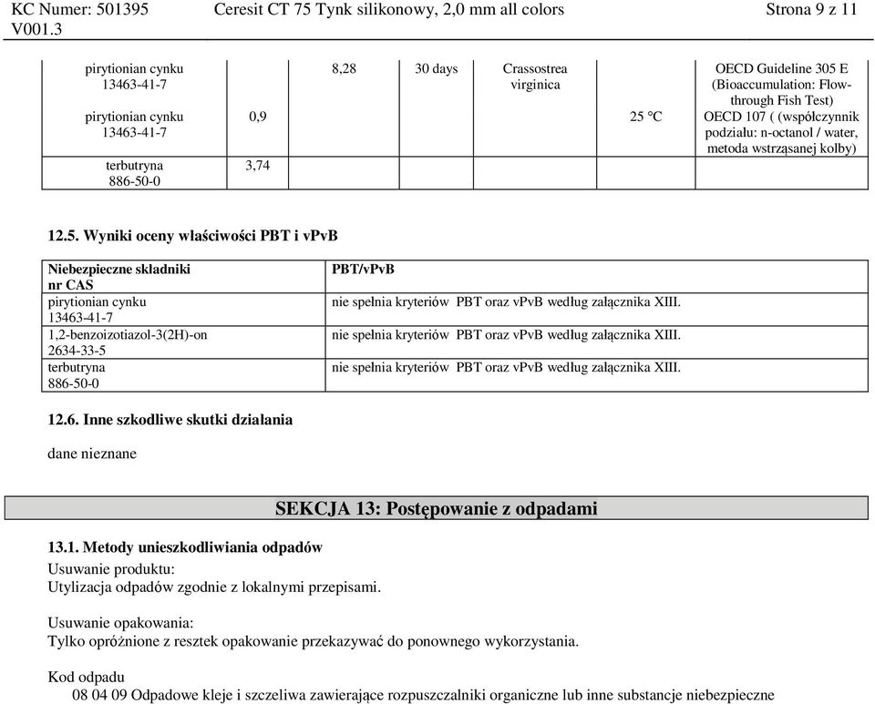 nie spełnia kryteriów PBT oraz vpvb według załącznika XIII. nie spełnia kryteriów PBT oraz vpvb według załącznika XIII. 12