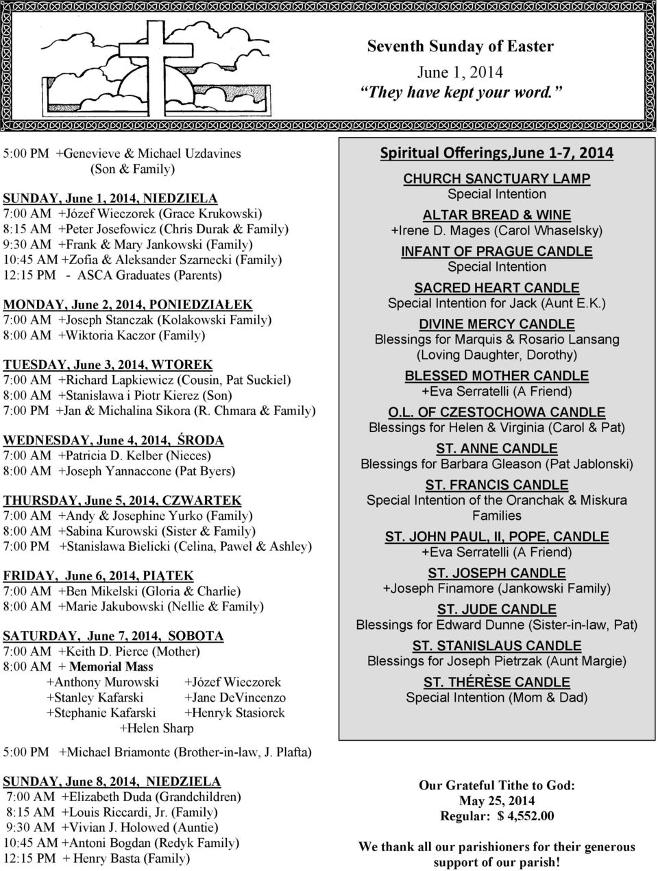 Jankowski (Family) 10:45 AM +Zofia & Aleksander Szarnecki (Family) 12:15 PM - ASCA Graduates (Parents) MONDAY, June 2, 2014, PONIEDZIAŁEK 7:00 AM +Joseph Stanczak (Kolakowski Family) 8:00 AM