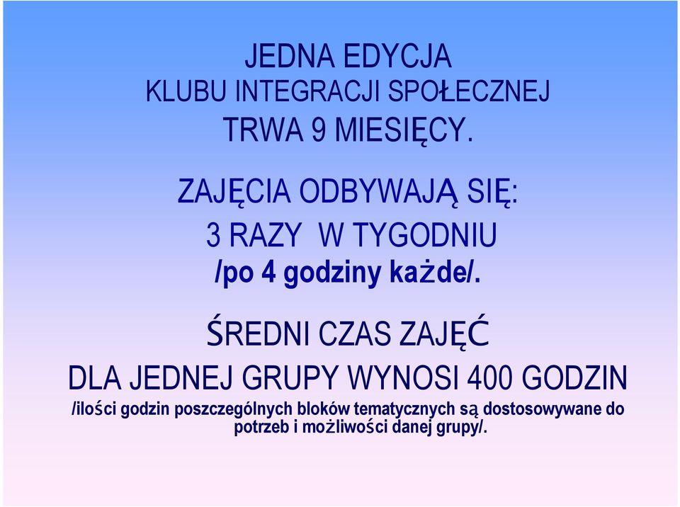 ŚREDNI CZAS ZAJĘĆ DLA JEDNEJ GRUPY WYNOSI 400 GODZIN /ilości godzin