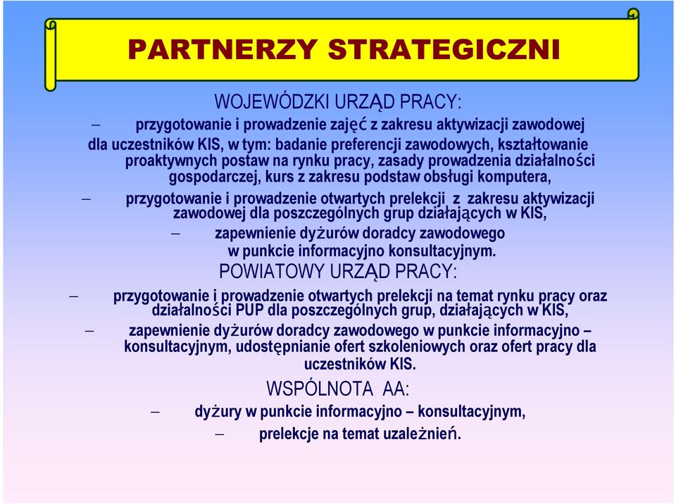 poszczególnych grup działających w KIS, zapewnienie dyżurów doradcy zawodowego w punkcie informacyjno konsultacyjnym.