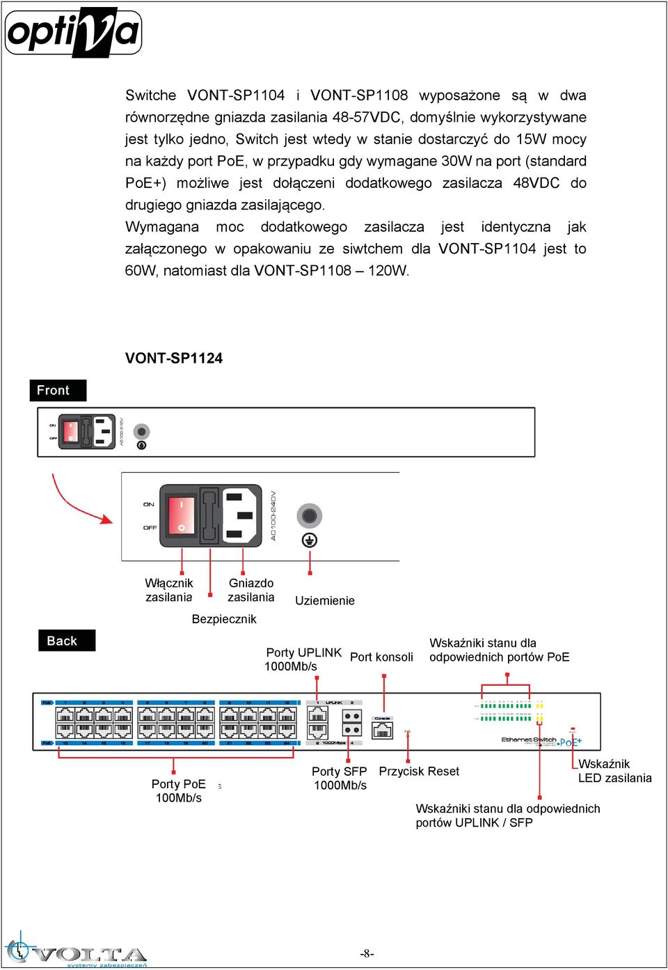 Wymagana moc dodatkowego zasilacza jest identyczna jak załączonego w opakowaniu ze siwtchem dla VONT-SP1104 jest to 60W, natomiast dla VONT-SP1108 120W.