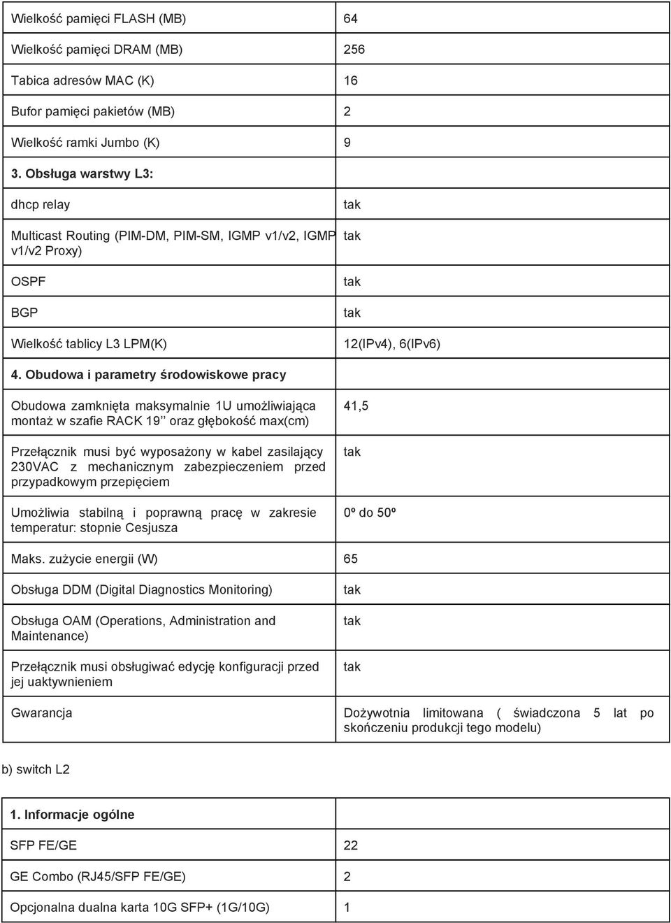 Obudowa i parametry środowiskowe pracy Obudowa zamknięta maksymalnie 1U umożliwiająca montaż w szafie RACK 19 oraz głębokość max(cm) Przełącznik musi być wyposażony w kabel zasilający 230VAC z