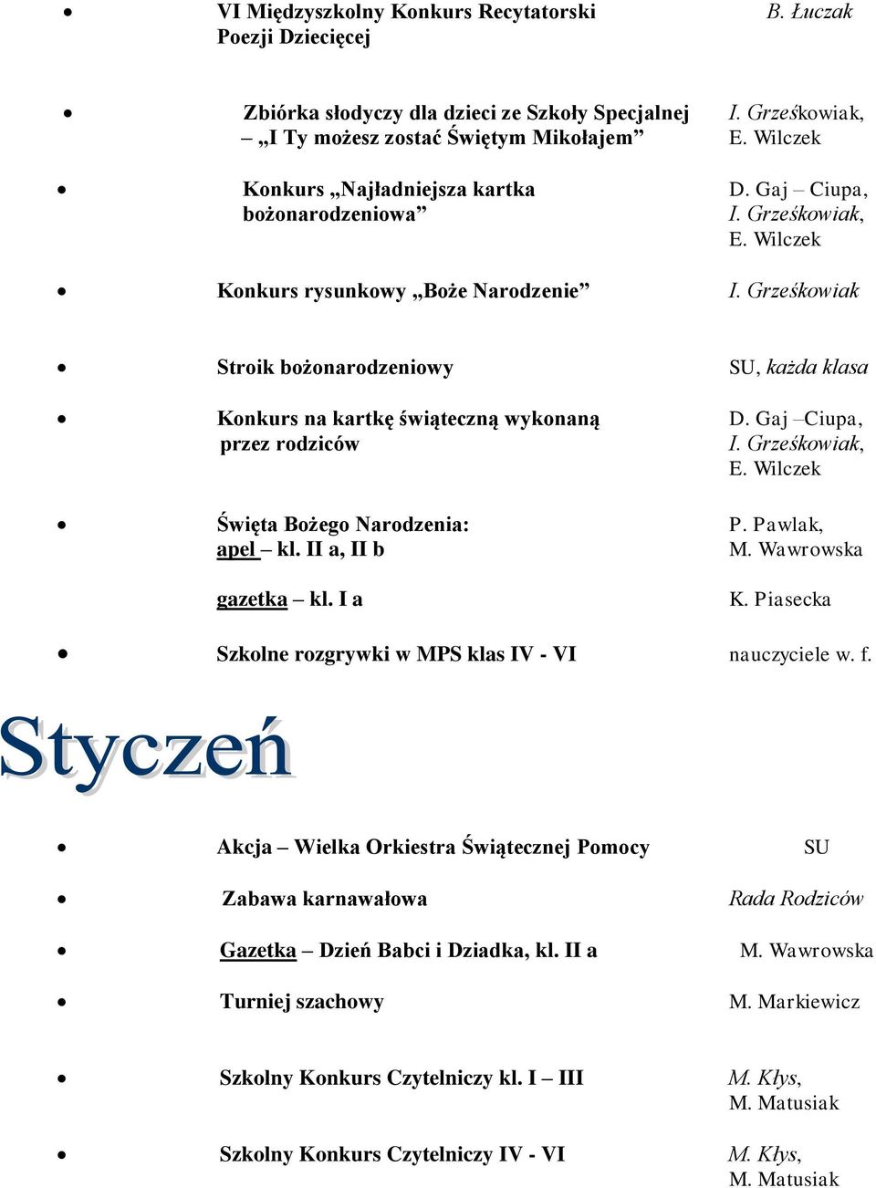 Gaj Ciupa, przez rodziców I. Grześkowiak, Święta Bożego Narodzenia: P. Pawlak, apel kl. II a, II b gazetka kl. I a K. Piasecka Szkolne rozgrywki w MPS klas IV - VI nauczyciele w. f.