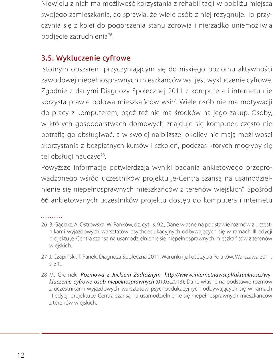 Wykluczenie cyfrowe Istotnym obszarem przyczyniającym się do niskiego poziomu aktywności zawodowej niepełnosprawnych mieszkańców wsi jest wykluczenie cyfrowe.