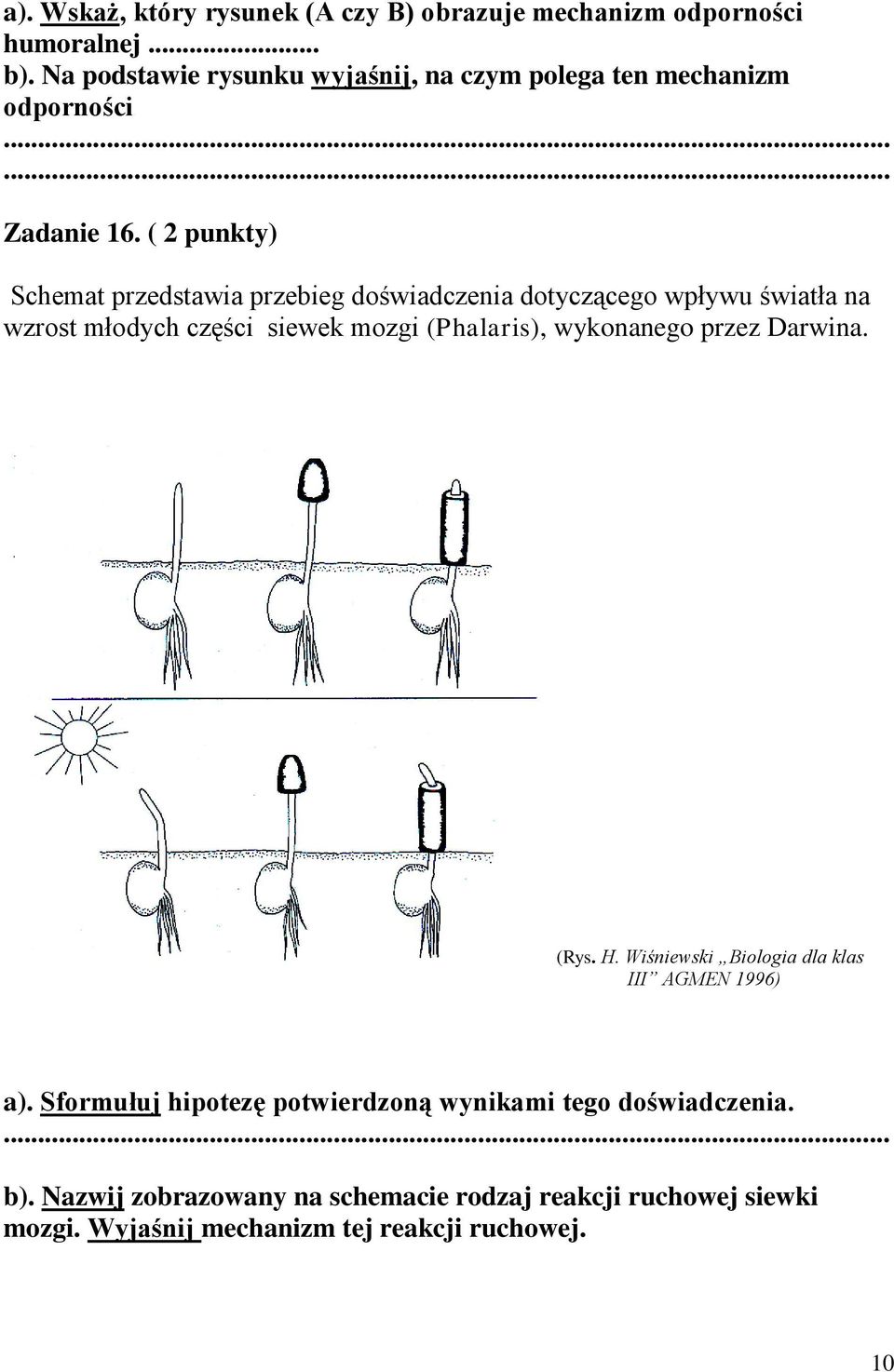 ( 2 punkty) Schemat przedstawia przebieg doświadczenia dotyczącego wpływu światła na wzrost młodych części siewek mozgi (Phalaris),