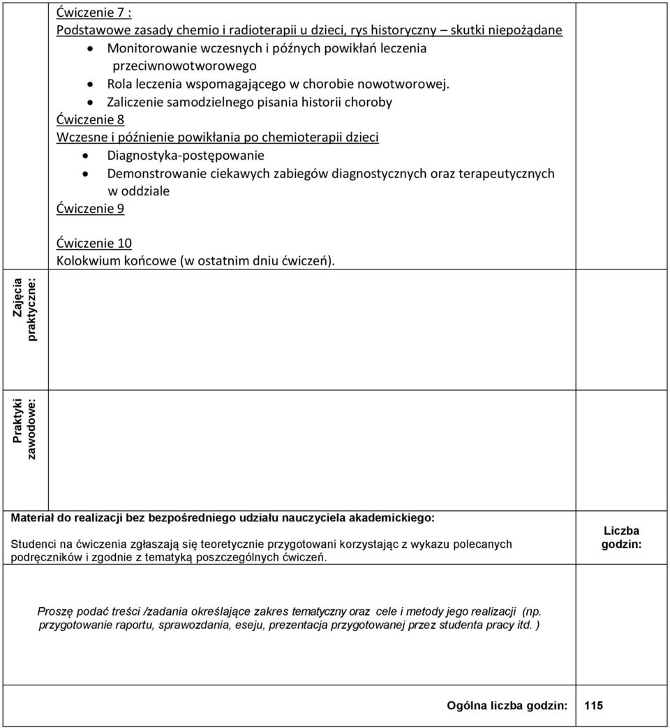 Zaliczenie samodzielnego pisania historii choroby Dwiczenie 8 Wczesne i późnienie powikłania po chemioterapii dzieci Diagnostyka-postępowanie terapeutycznych Dwiczenie 9 Dwiczenie 10 Kolokwium