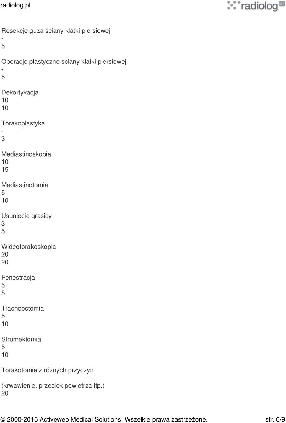 Wideotorakoskopia Fenestracja Tracheostomia Strumektomia Torakotomie z różnych przyczyn