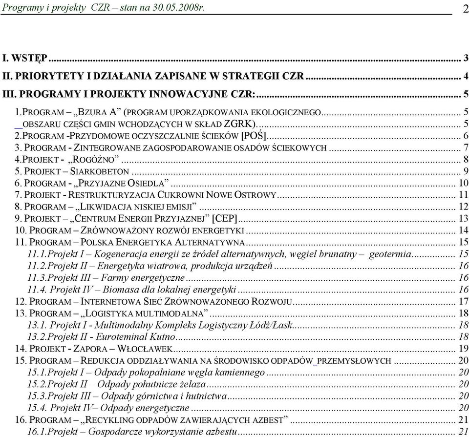 PROGRAM - ZINTEGROWANE ZAGOSPODAROWANIE OSADÓW ŚCIEKOWYCH... 7 4.PROJEKT - ROGÓŹNO... 8 5. PROJEKT SIARKOBETON... 9 6. PROGRAM - PRZYJAZNE OSIEDLA... 10 7.