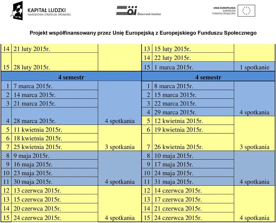 7 25 kwietnia 2015r. 7 26 kwietnia 2015r. 8 9 maja 2015r. 8 10 maja 2015r. 9 16 maja 2015r. 9 17 maja 2015r. 10 23 maja 2015r. 10 24 maja 2015r. 11 30 maja 2015r.