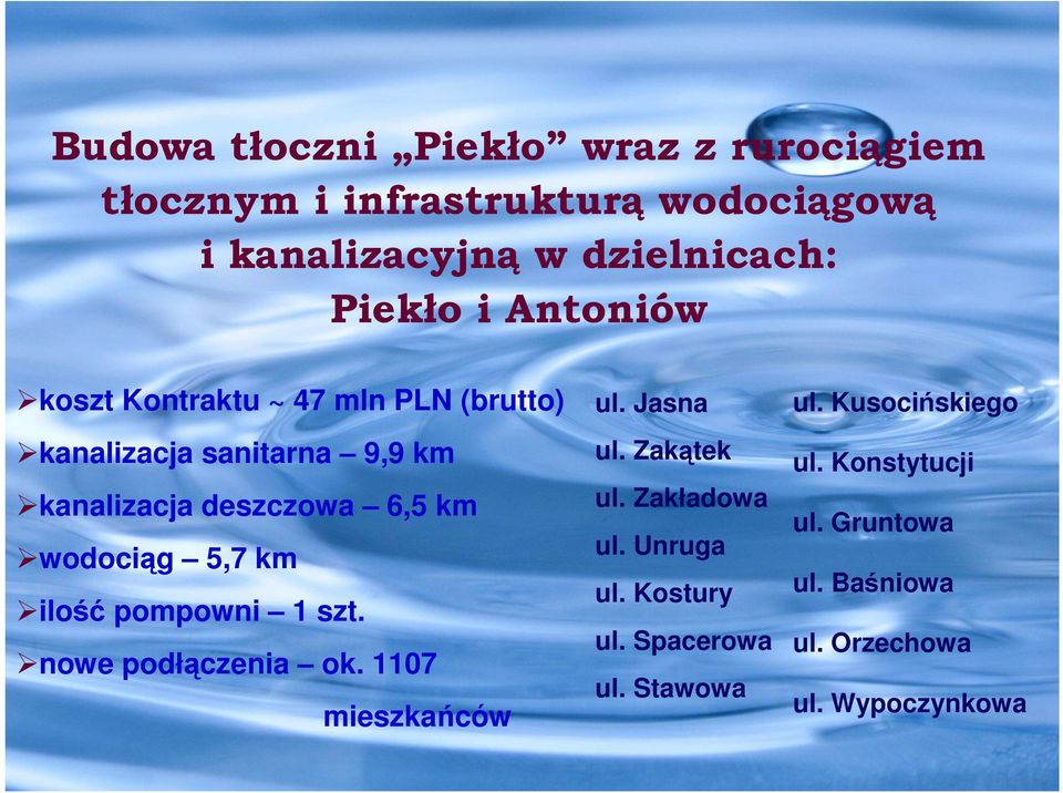 km ilość pompowni 1 szt. nowe podłączenia ok. 1107 mieszkańców ul. Jasna ul. Zakątek ul. Zakładowa ul. Unruga ul.