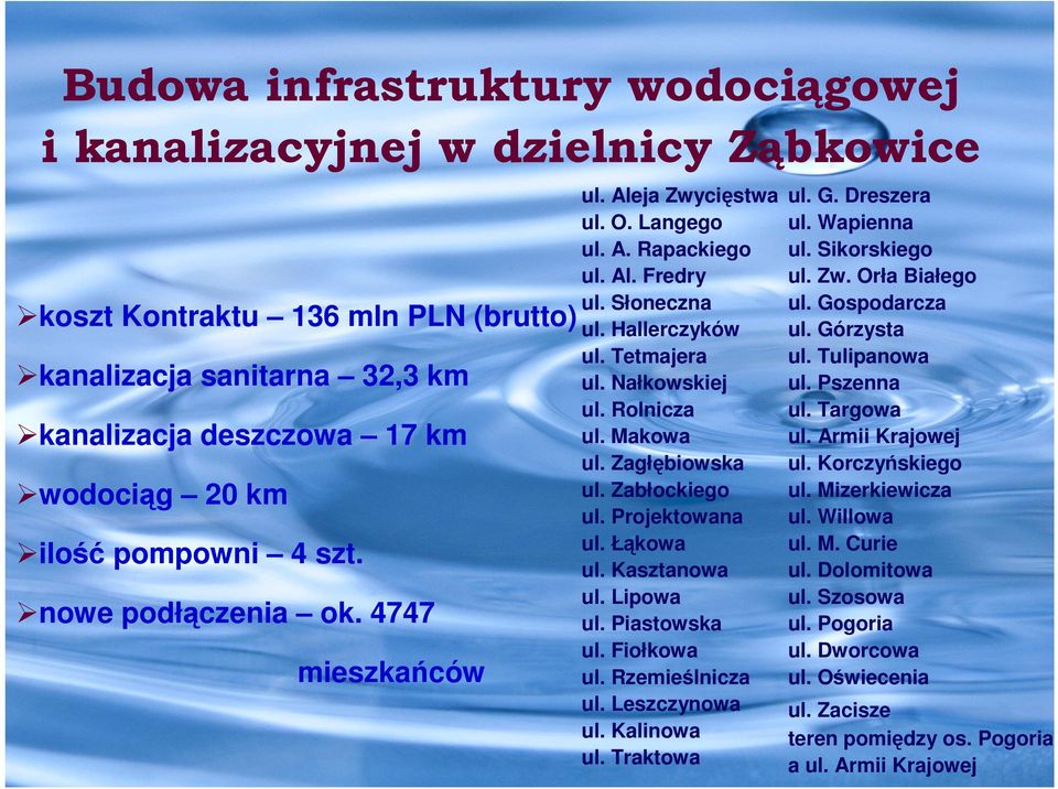 Makowa ul. Zagłębiowska ul. Zabłockiego ul. Projektowana ul. Łąkowa ul. Kasztanowa ul. Lipowa ul. Piastowska ul. Fiołkowa ul. Rzemieślnicza ul. Leszczynowa ul. Kalinowa ul. Traktowa ul. G.