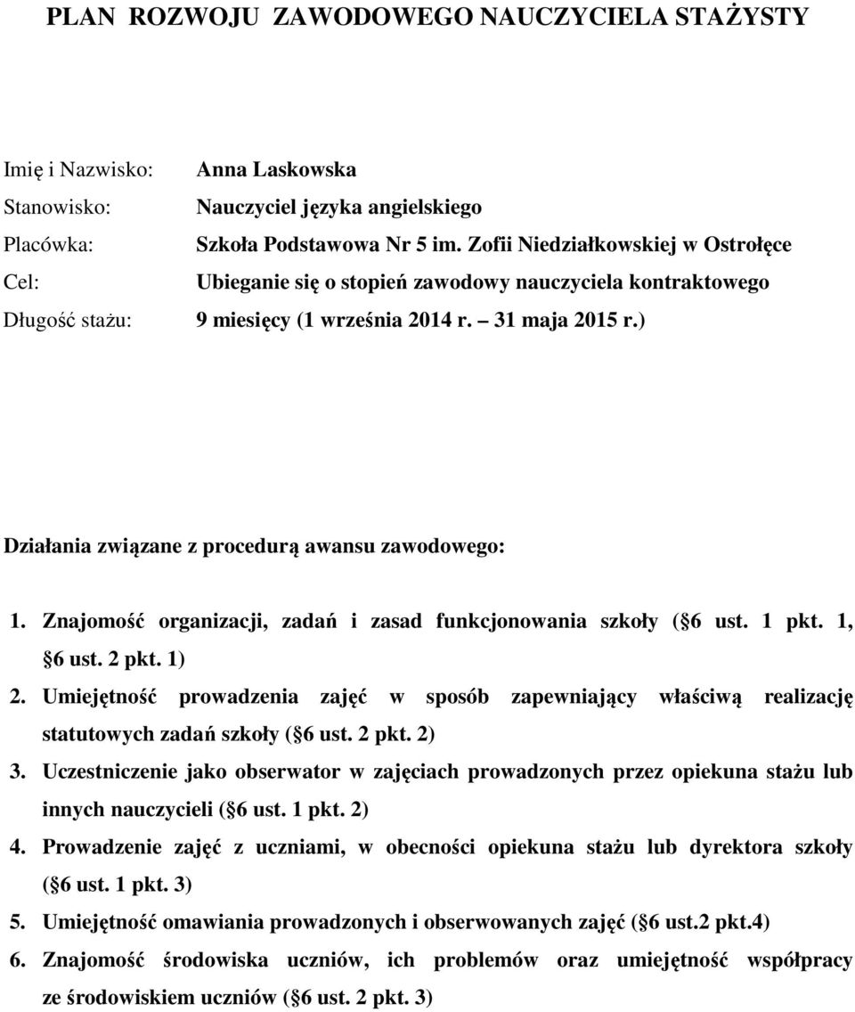 ) Działania związane z procedurą awansu : Znajomość organizacji, zadań i zasad funkcjonowania szkoły ( 6 ust. 1 pkt. 1, 6 ust. 2 pkt.