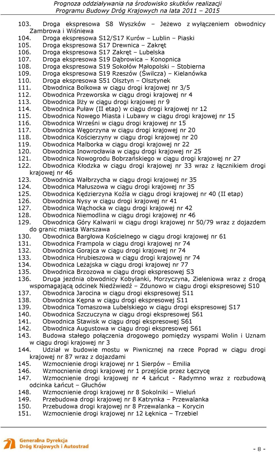 Droga ekspresowa S51 Olsztyn Olsztynek 111. Obwodnica Bolkowa w ciągu drogi krajowej nr 3/5 112. Obwodnica Przeworska w ciągu drogi krajowej nr 4 113. Obwodnica IłŜy w ciągu drogi krajowej nr 9 114.