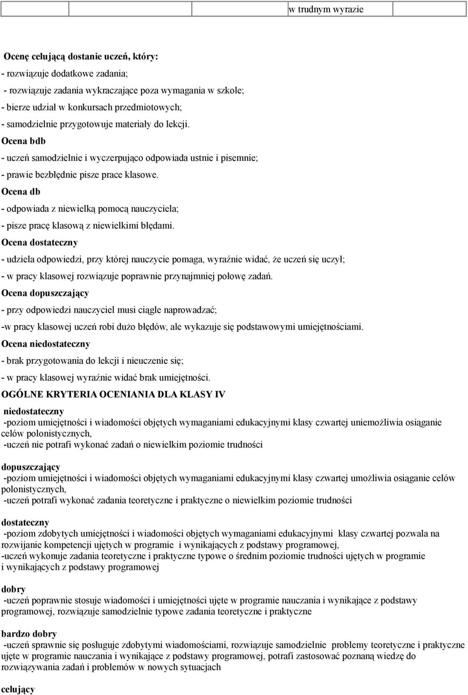 Ocena db - odpowiada z niewielką pomocą nauczyciela; - pisze pracę klasową z niewielkimi błędami.