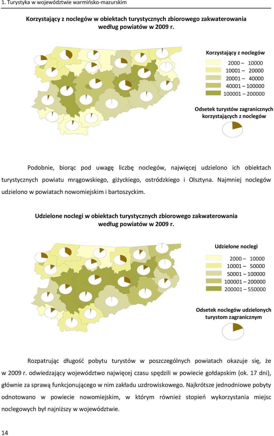 udzielono ich obiektach turystycznych powiatu mrągowskiego, giżyckiego, ostródzkiego i Olsztyna. Najmniej noclegów udzielono w powiatach nowomiejskim i bartoszyckim.