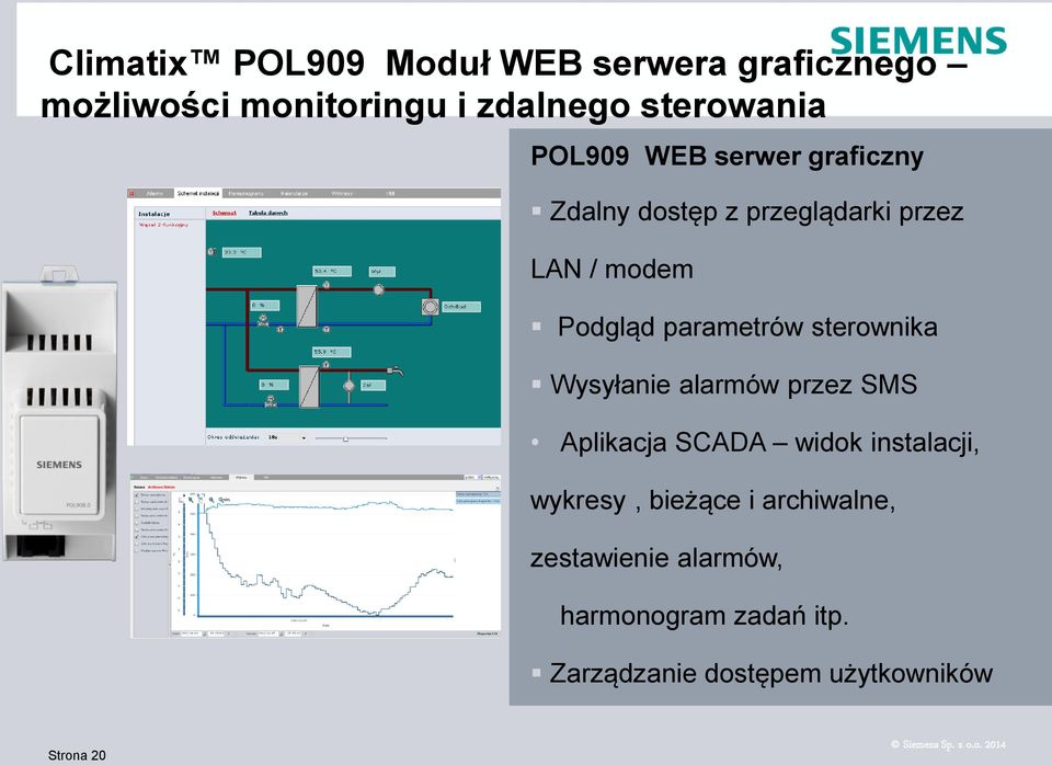 sterownika Wysyłanie alarmów przez SMS Aplikacja SCADA widok instalacji, wykresy, bieżące i