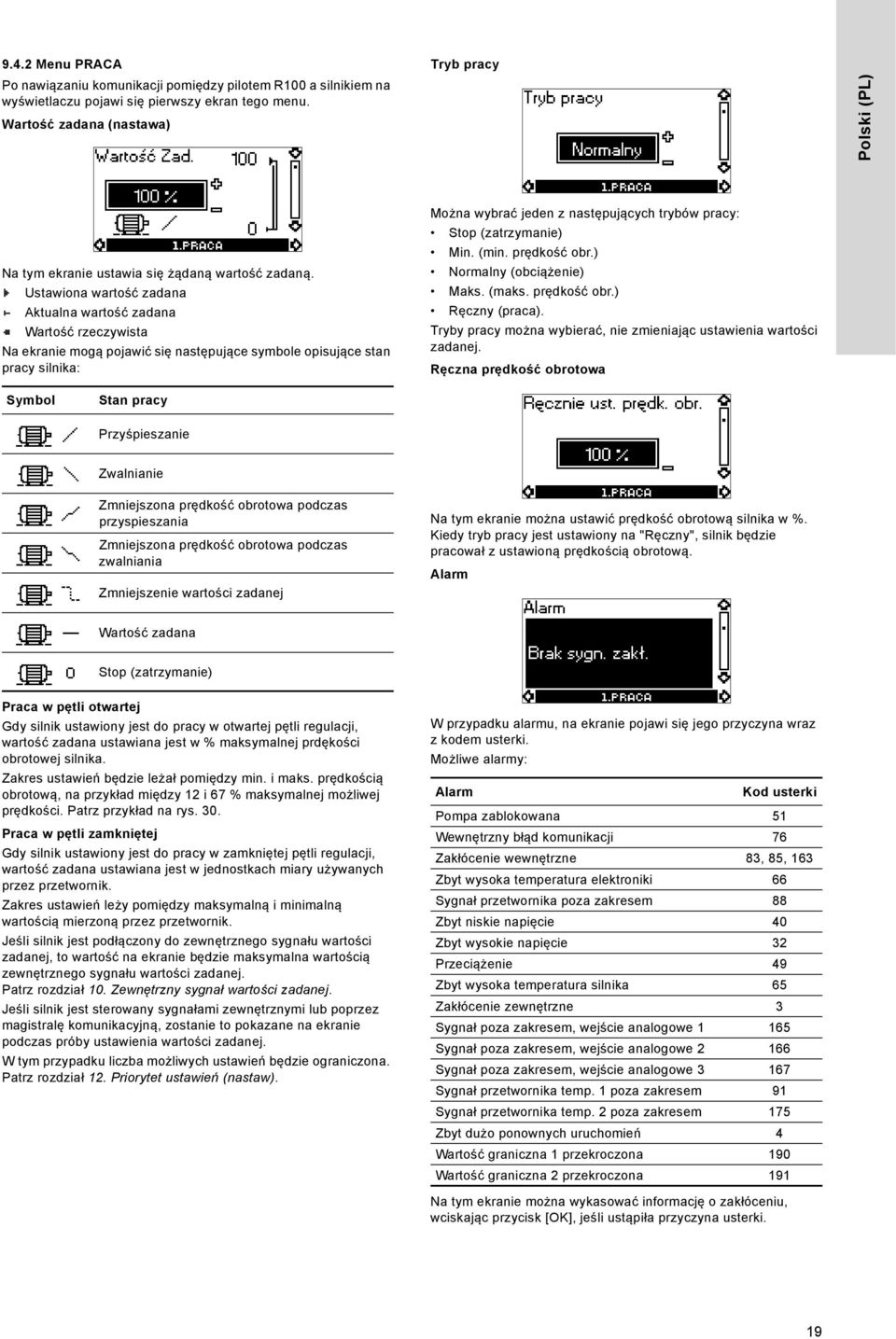 Ustawiona wartość zadana Aktualna wartość zadana Wartość rzeczywista Na ekranie mogą pojawić się następujące symbole opisujące stan pracy silnika: Można wybrać jeden z następujących trybów pracy: