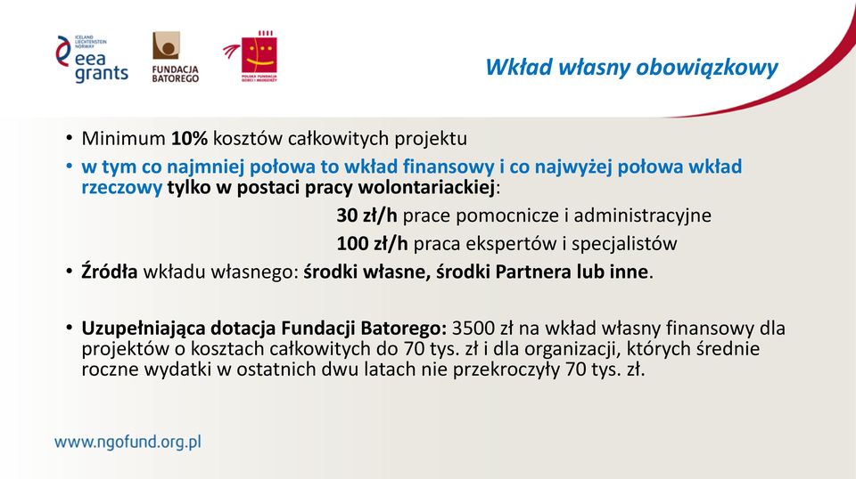 wkładu własnego: środki własne, środki Partnera lub inne.